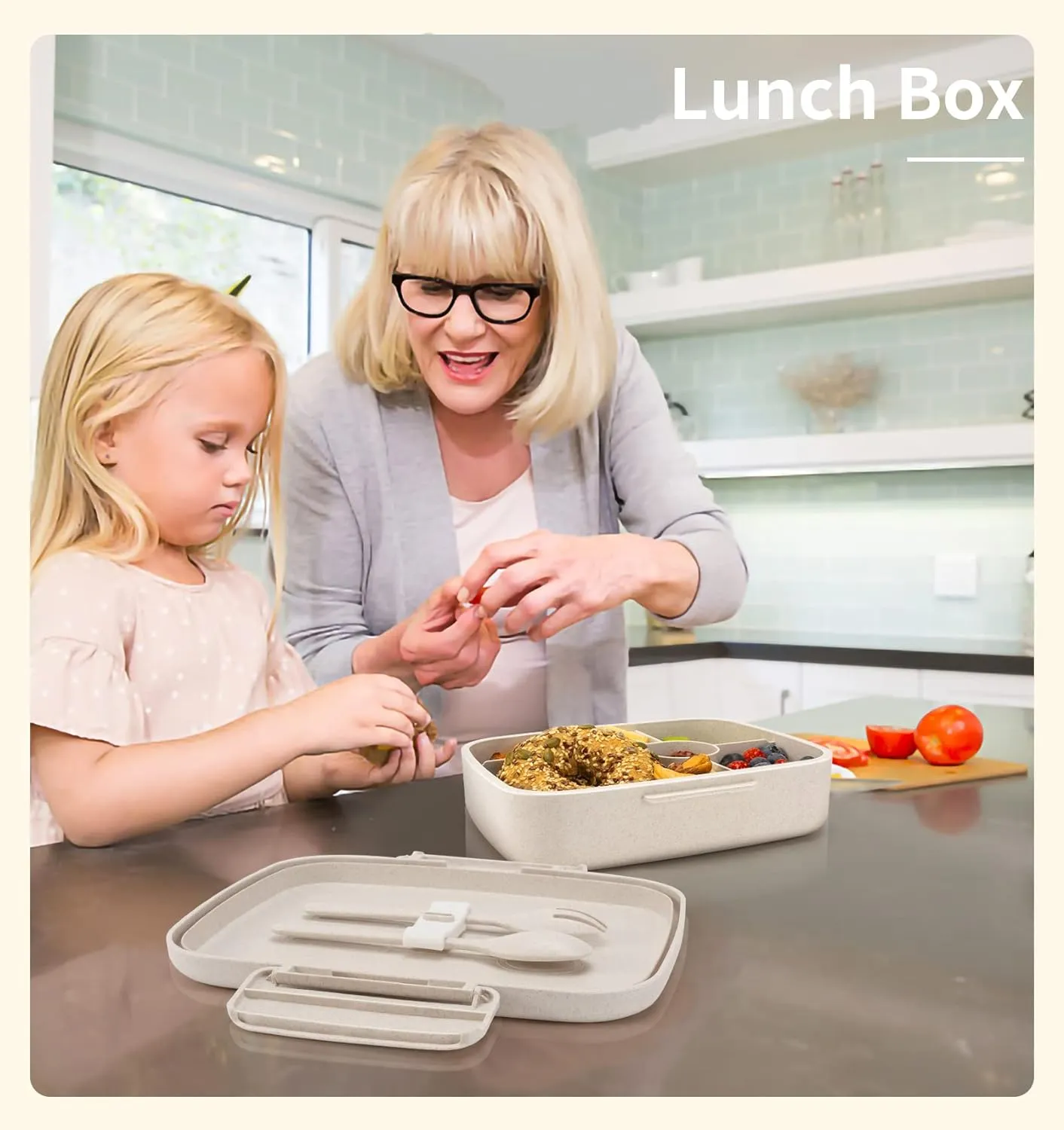 Bento Box - Eco Friendly, Leakproof Lunch Box, Five Compartment, Wheat Fiber Bento Box for Kids and Adults, Microwave and Freezer Friendly