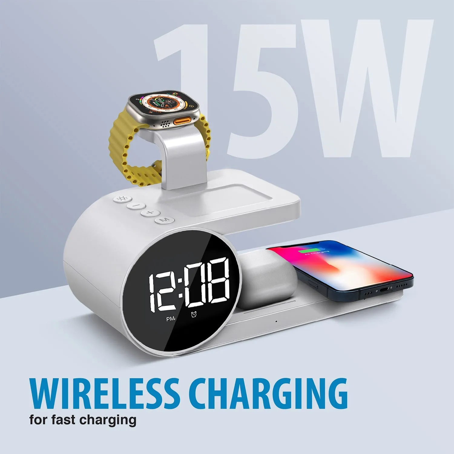 Brookstone 4-in-1 Wireless Charging Station: Stylish | Compatible for iPhone, iWatch, and Airpods| Wireless Charging Station with Clock.