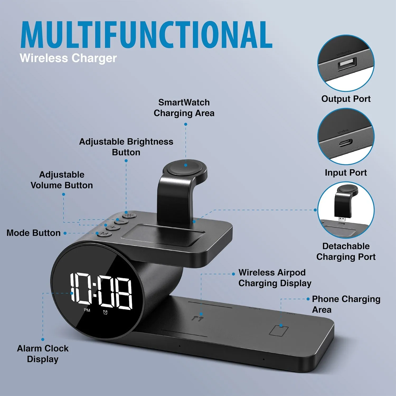 Brookstone 4-in-1 Wireless Charging Station: Stylish | Compatible for iPhone, iWatch, and Airpods| Wireless Charging Station with Clock.