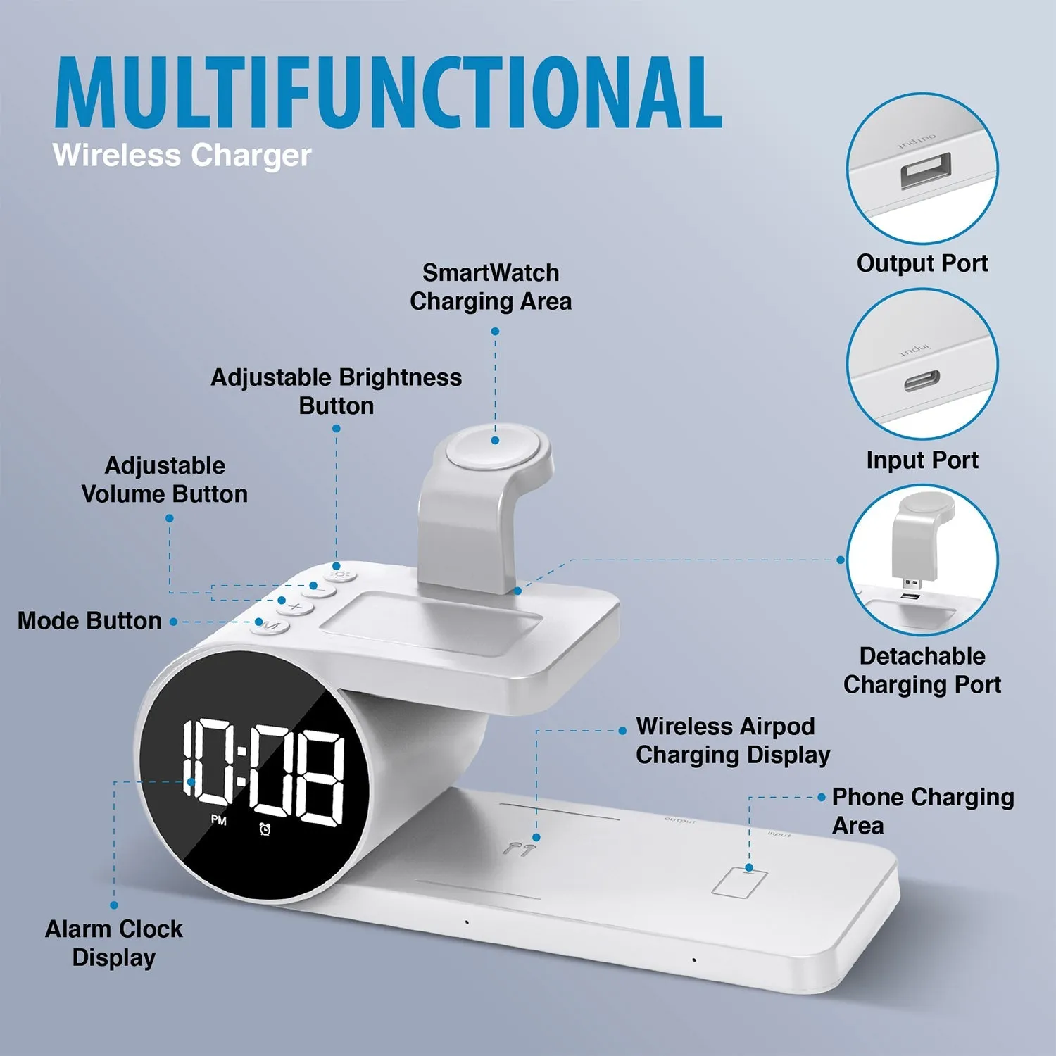 Brookstone 4-in-1 Wireless Charging Station: Stylish | Compatible for iPhone, iWatch, and Airpods| Wireless Charging Station with Clock.