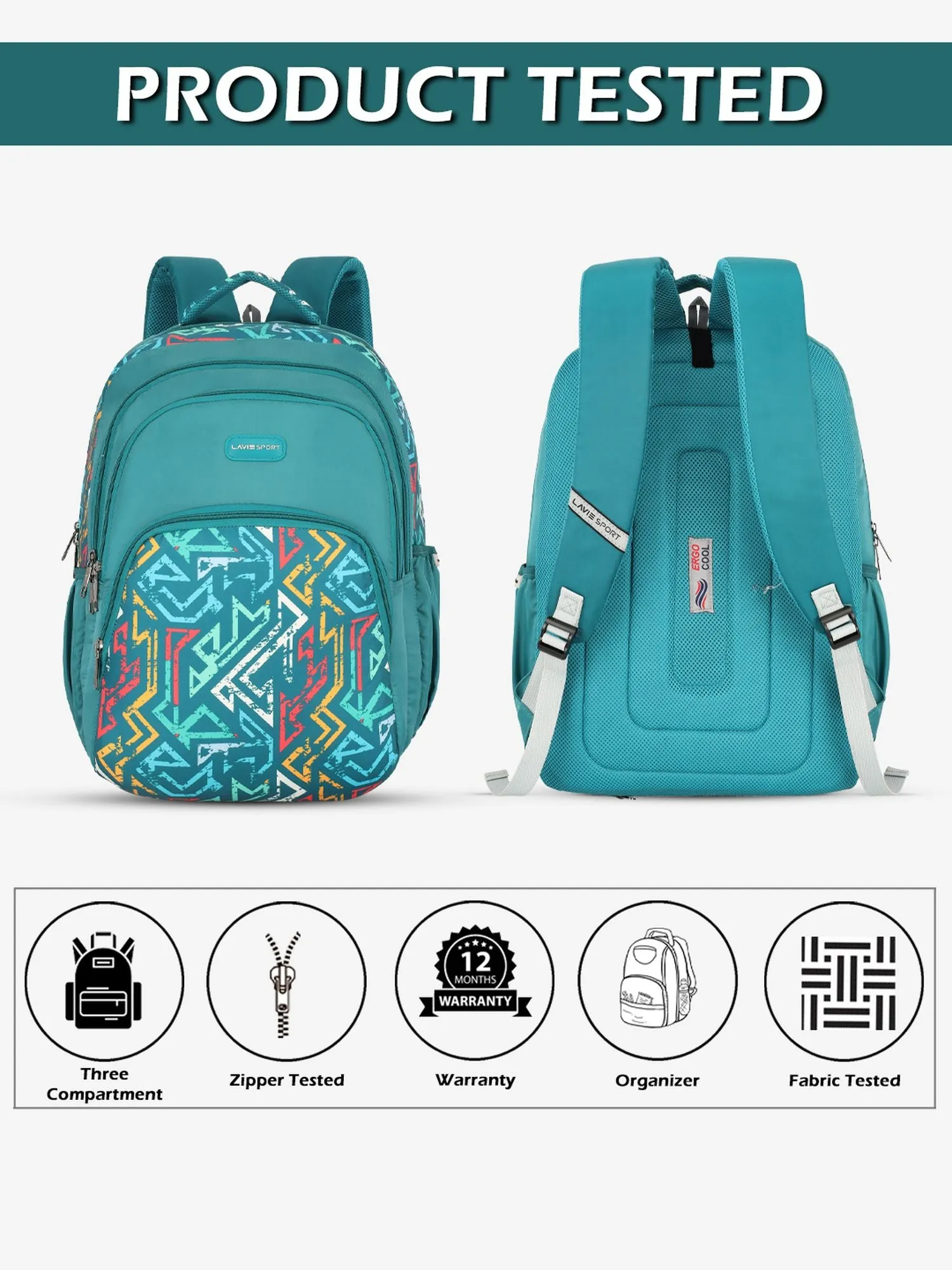 Lavie Sport Vector 39L Printed School Unisex Backpack with Rain cover for Boys & Girls Teal