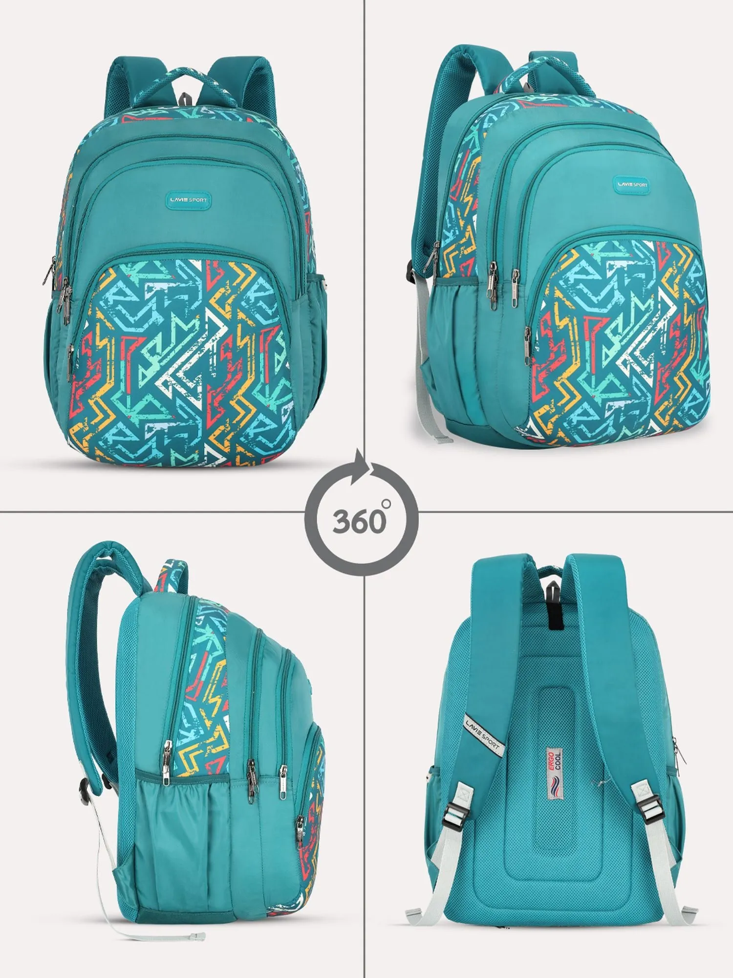 Lavie Sport Vector 39L Printed School Unisex Backpack with Rain cover for Boys & Girls Teal