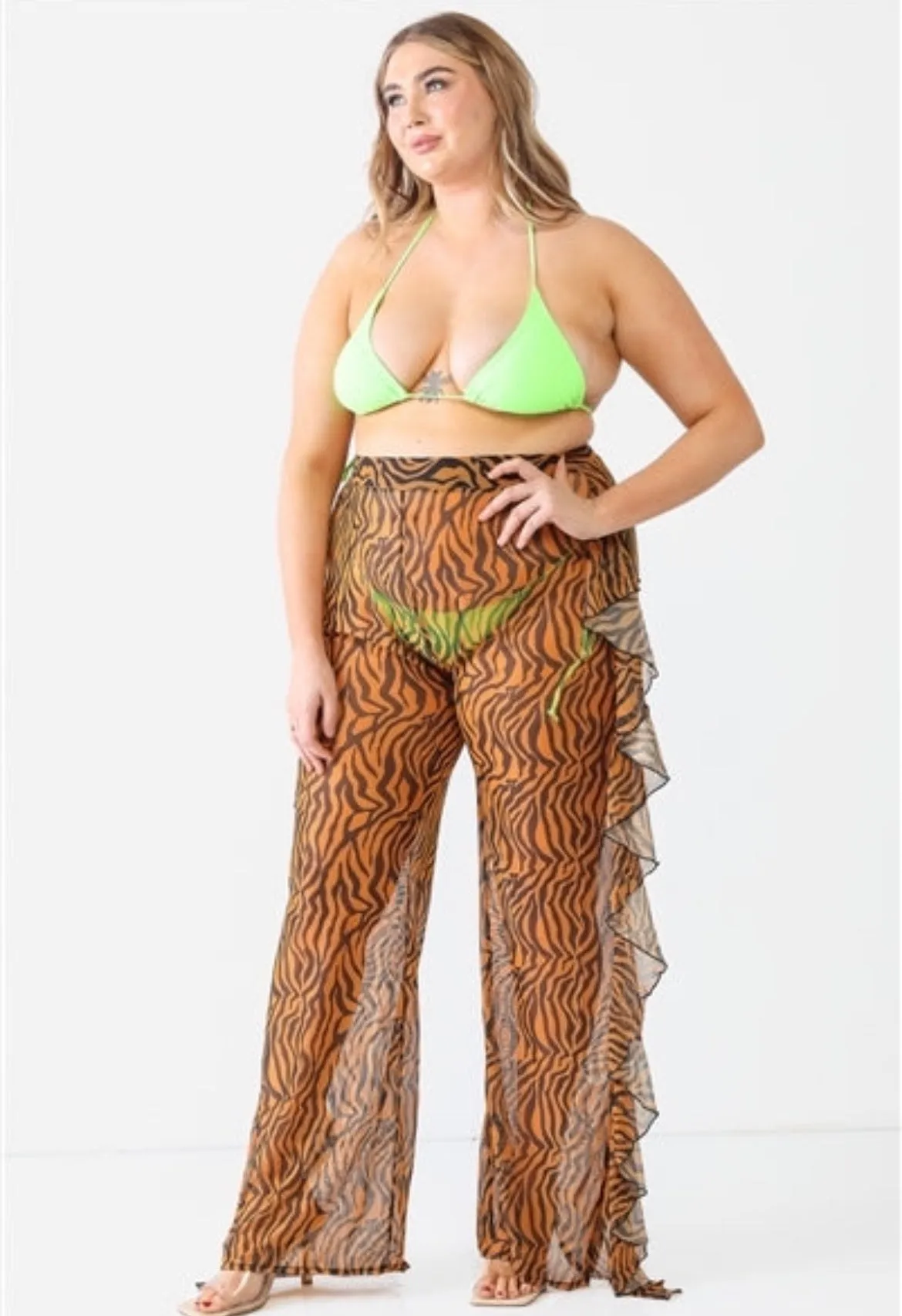 Orange Combo Tiger Animal Print Mesh Sheer High Waist Sexy Ruffle Pants