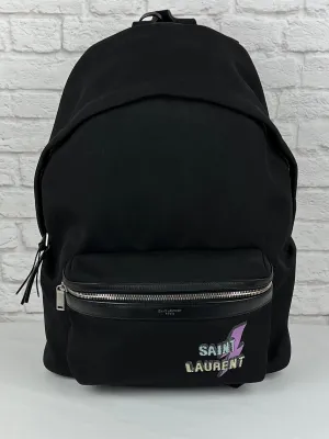 Saint Laurent Lightning Bolt Logo City Backpack in Nylon Canvas and Leather, Black